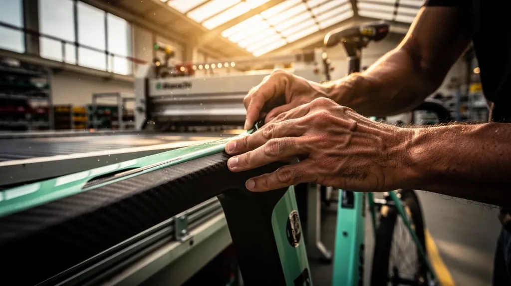 Usine moderne de Bianchi à Treviglio produisant des cadres carbone avec technologie Industry 5.0, entourée de panneaux solaires