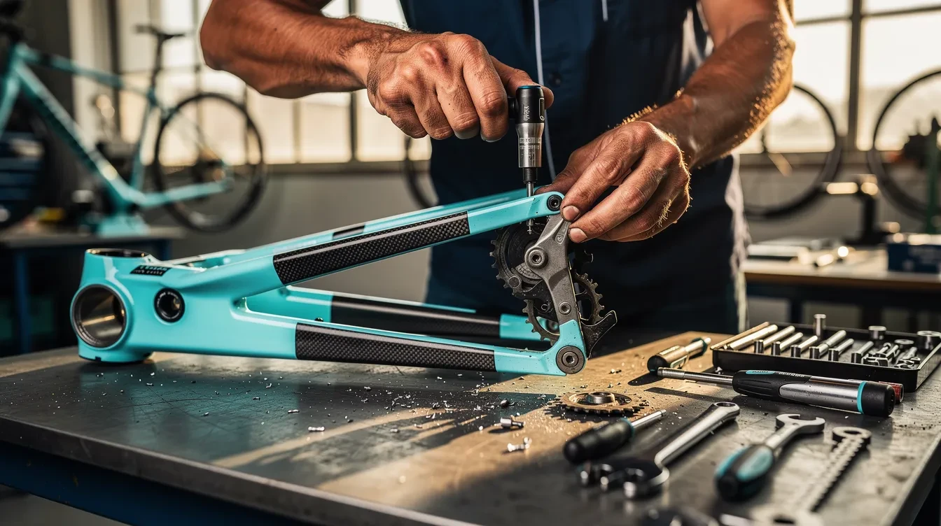 Usine moderne de Bianchi en Italie avec lignes de production automatisées assemblant cadres carbone pour vélos de route et all-road