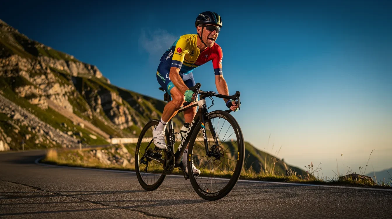 Cycliste sur vélo de route en effort intense gravissant un col alpin à haute altitude sous un ciel dégagé