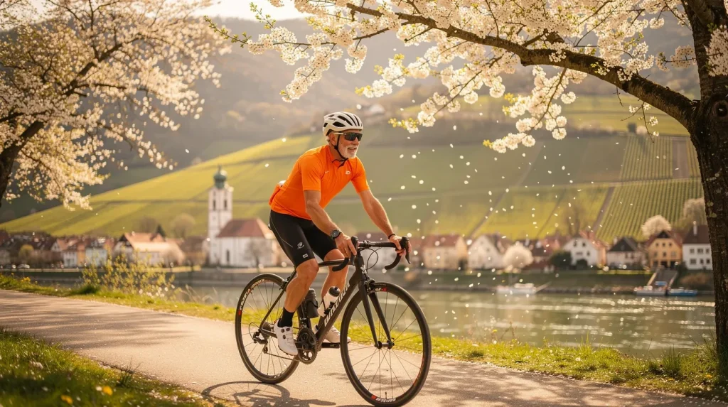 Cycliste senior sur vélo de route le long du Danube, traversant les vignobles en terrasses de la Wachau en Autriche au printemps