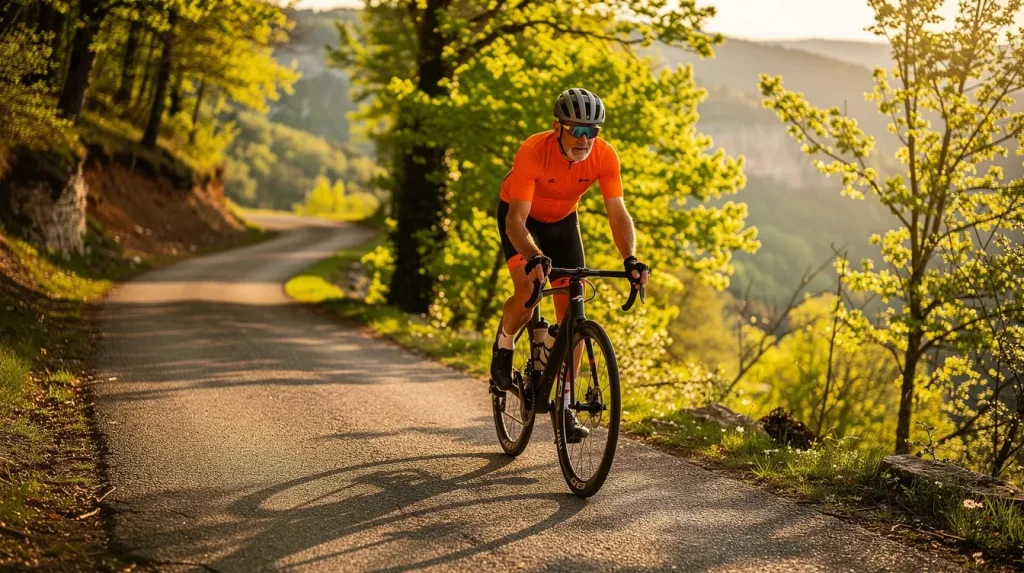 Cycliste senior sur vélo gravel endurance gravissant un col de l'Ardèche avec vue sur les gorges et villages médiévaux sous ciel bleu printanier