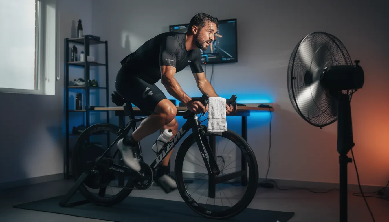 Cycliste sur vélo de route en tenue d'hiver roulant sur une route vallonnée par temps froid à 5°C, illustrant la dépense calorique accrue due au vent et au terrain irrégulier