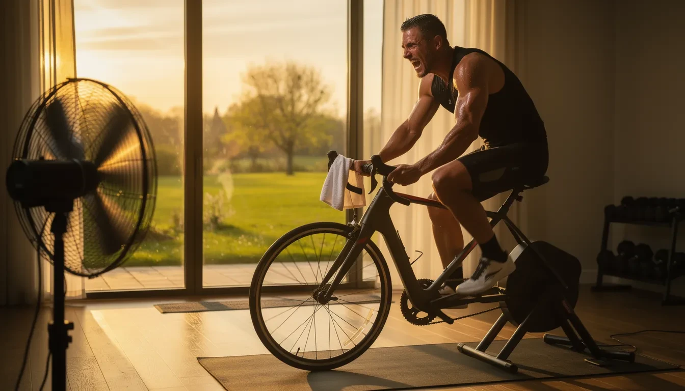 Cycliste pédalant sur une route de campagne au printemps avec collines verdoyantes et soleil levant en arrière-plan