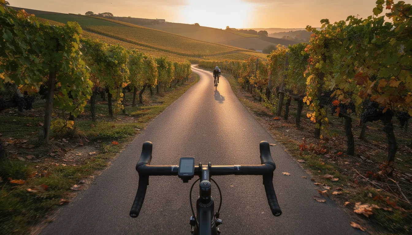 Cycliste sur vélo de route traversant des vignes intactes en Bourgogne sous un ciel automnal clair, routes vides avant les vendanges de septembre
