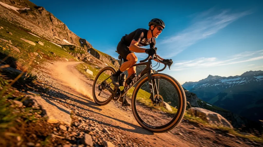 Cyclistes professionnels de l'équipe Canyon × DT Swiss roulant sur vélos Grail CFR équipés de roues DT Swiss GRC 1100 lors d'une épreuve gravel boueuse et technique