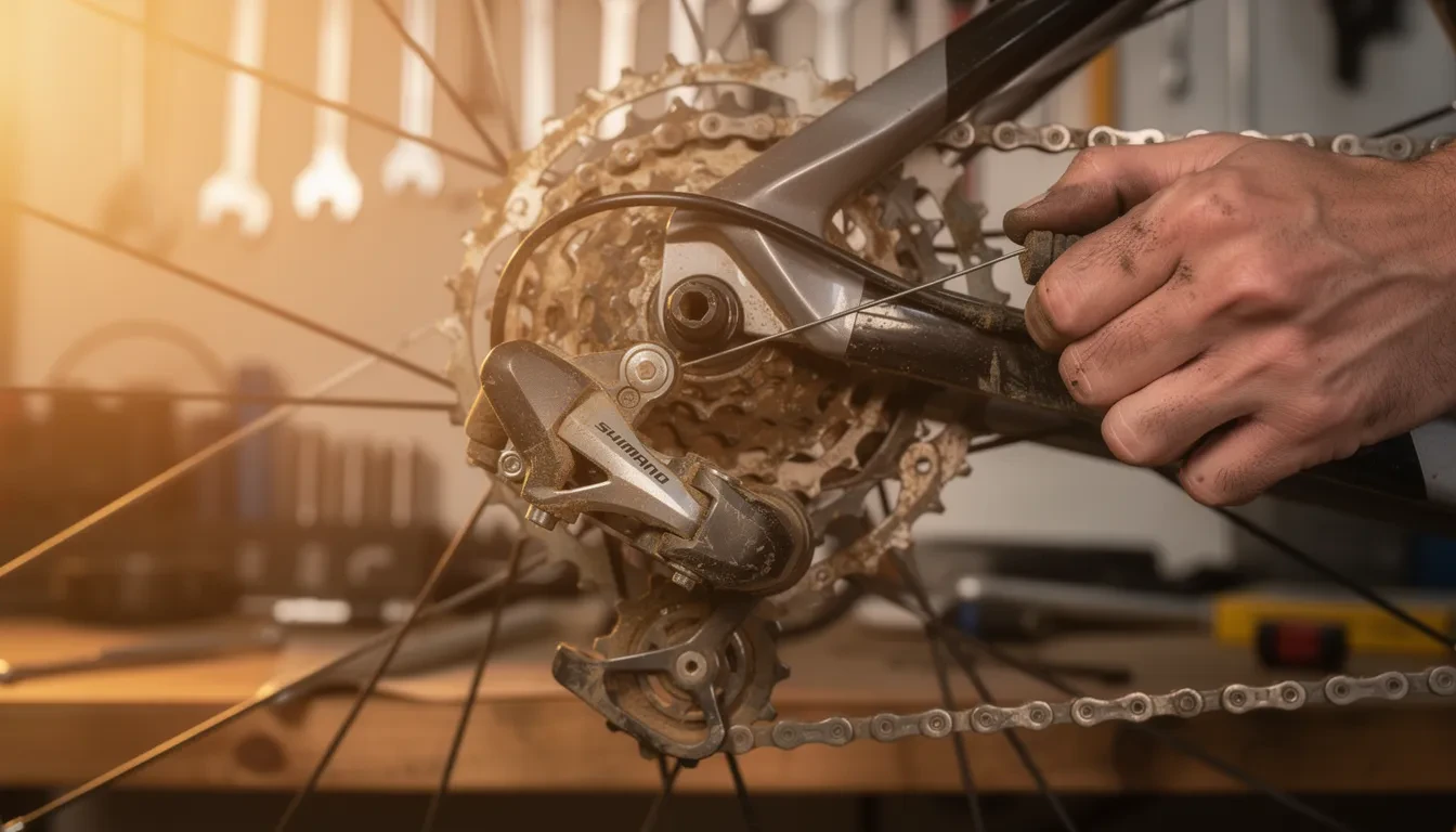 Cycliste agenouillé examinant le dérailleur arrière et la chaîne de son vélo de route pour tester l'usure de la transmission 12 vitesses en extérieur