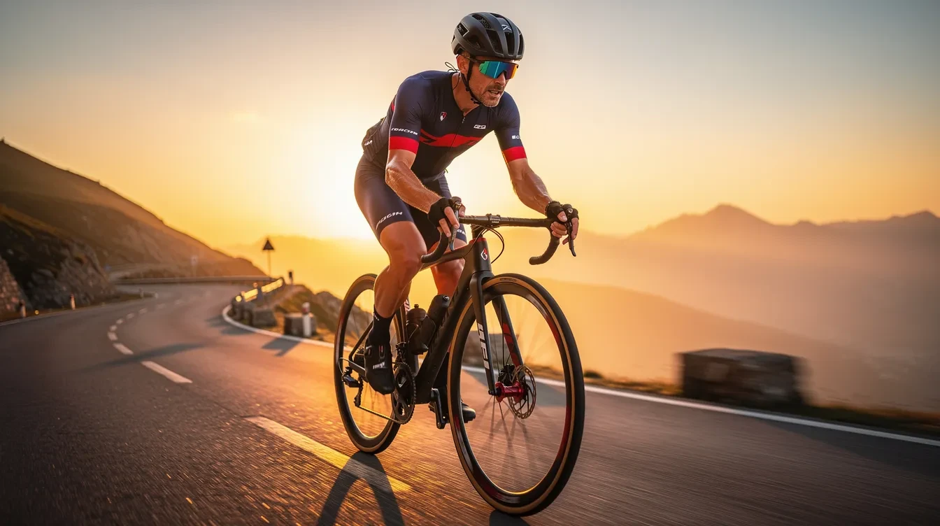 Cycliste sur vélo de route pédalant dans un paysage vallonné, montrant une silhouette tonifiée et affinée après des kilomètres cumulés en endurance