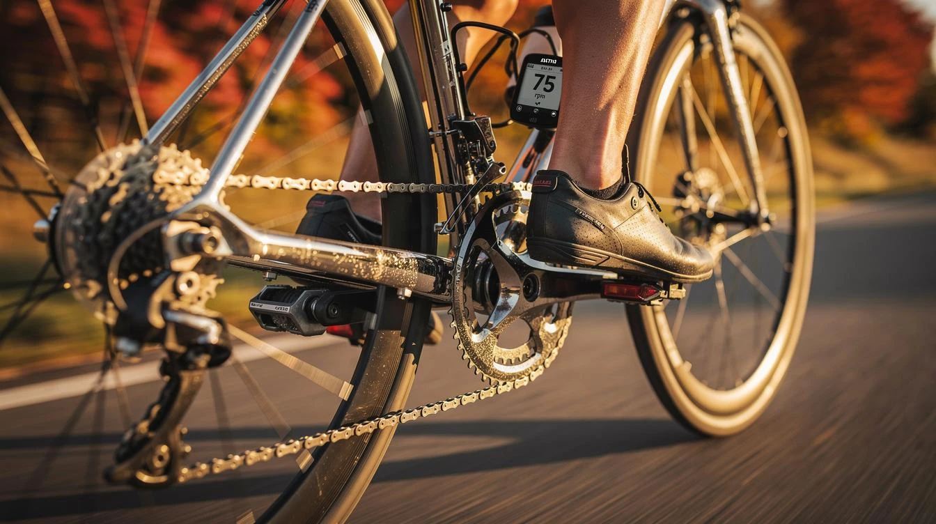 Cycliste sur vélo de route en tenue sportive pédalant à cadence modérée de 70-90 rpm en zone 2 pour maximiser la combustion des graisses lors d'une sortie endurance