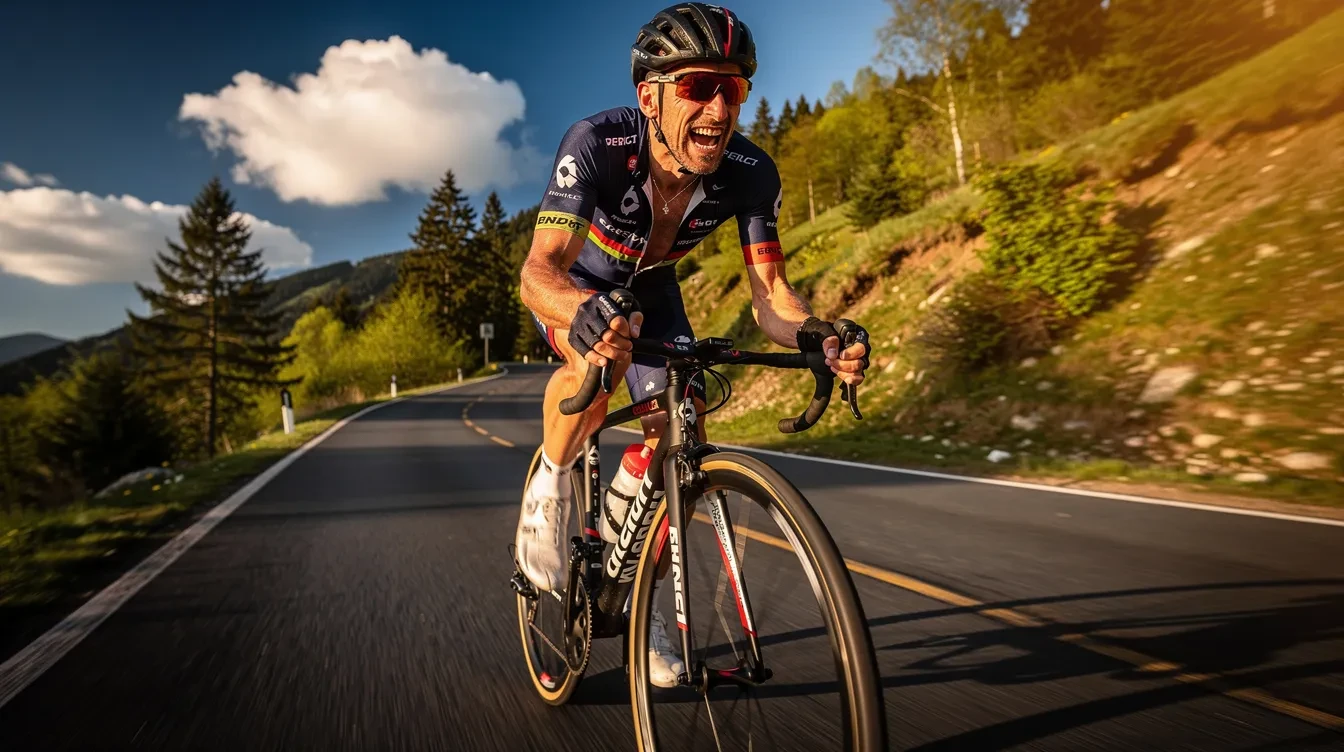 Cycliste sur vélo de route en train de gravir un col de montagne, montrant des signes de fatigue avec des jambes lourdes et un effort intense sous un ciel clair d'avril