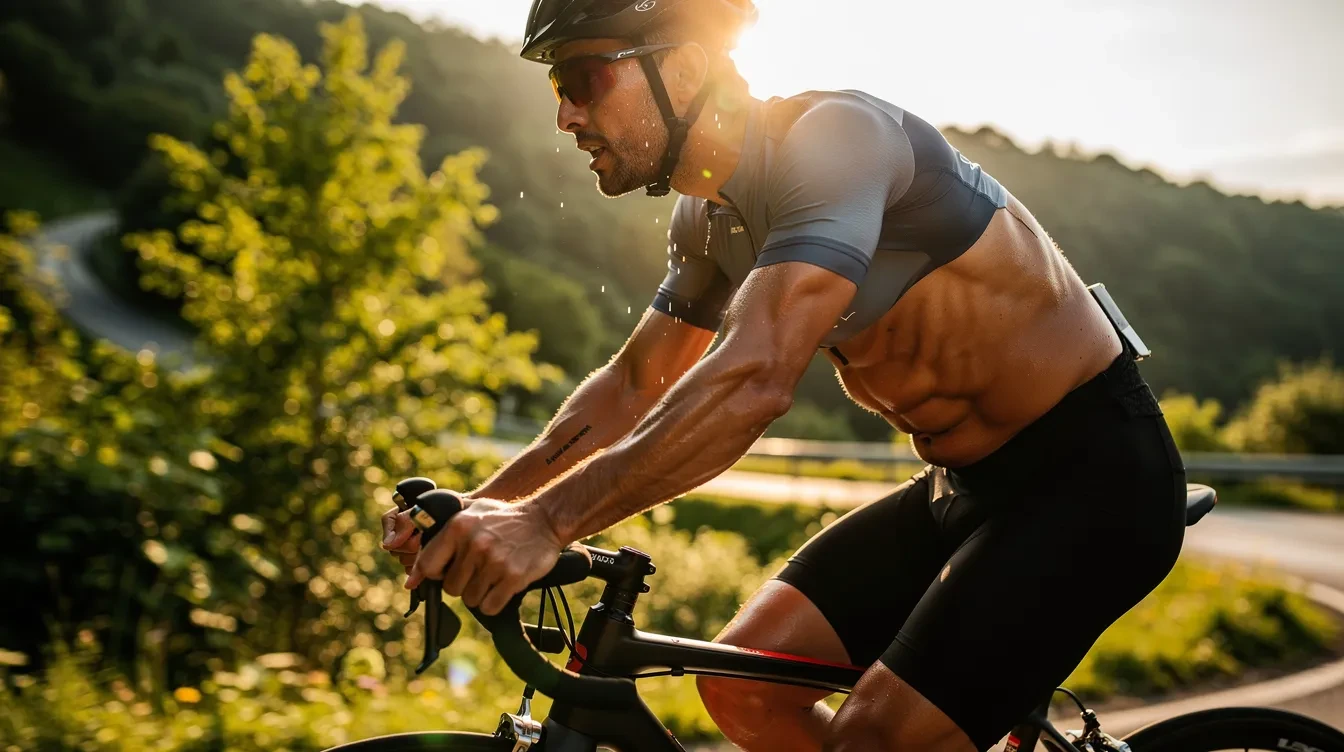 Cycliste sur vélo de route en danseuse, travaillant les abdominaux pour stabiliser le buste lors d'une sortie modérée en terrain accidenté
