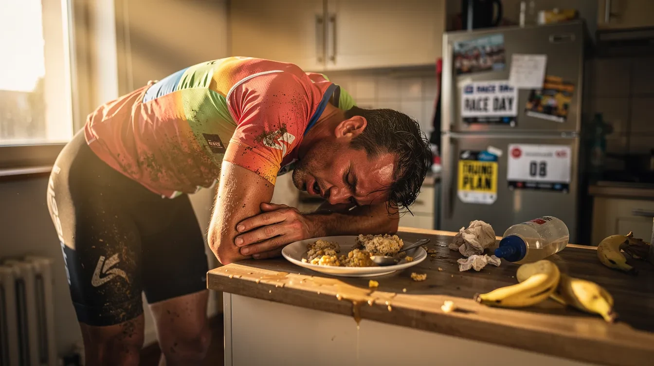 Cycliste fatigué assis à une table, buvant un lait chocolaté et mangeant une banane pour optimiser sa récupération musculaire après 3 heures de pédalage