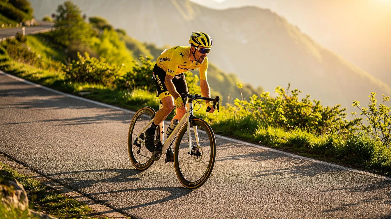 Cycliste sur vélo de route en paysage printanier verdoyant, consultant son compteur de puissance et calories brûlées lors d'une longue randonnée
