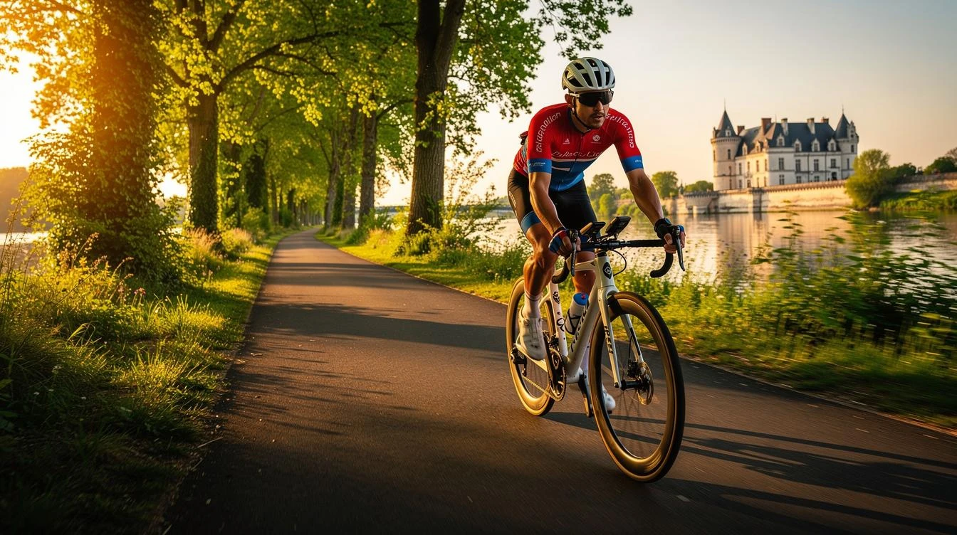 Cycliste pédalant sur une piste cyclable au bord de la Loire au printemps, entouré de vignobles et châteaux historiques sous un ciel clair