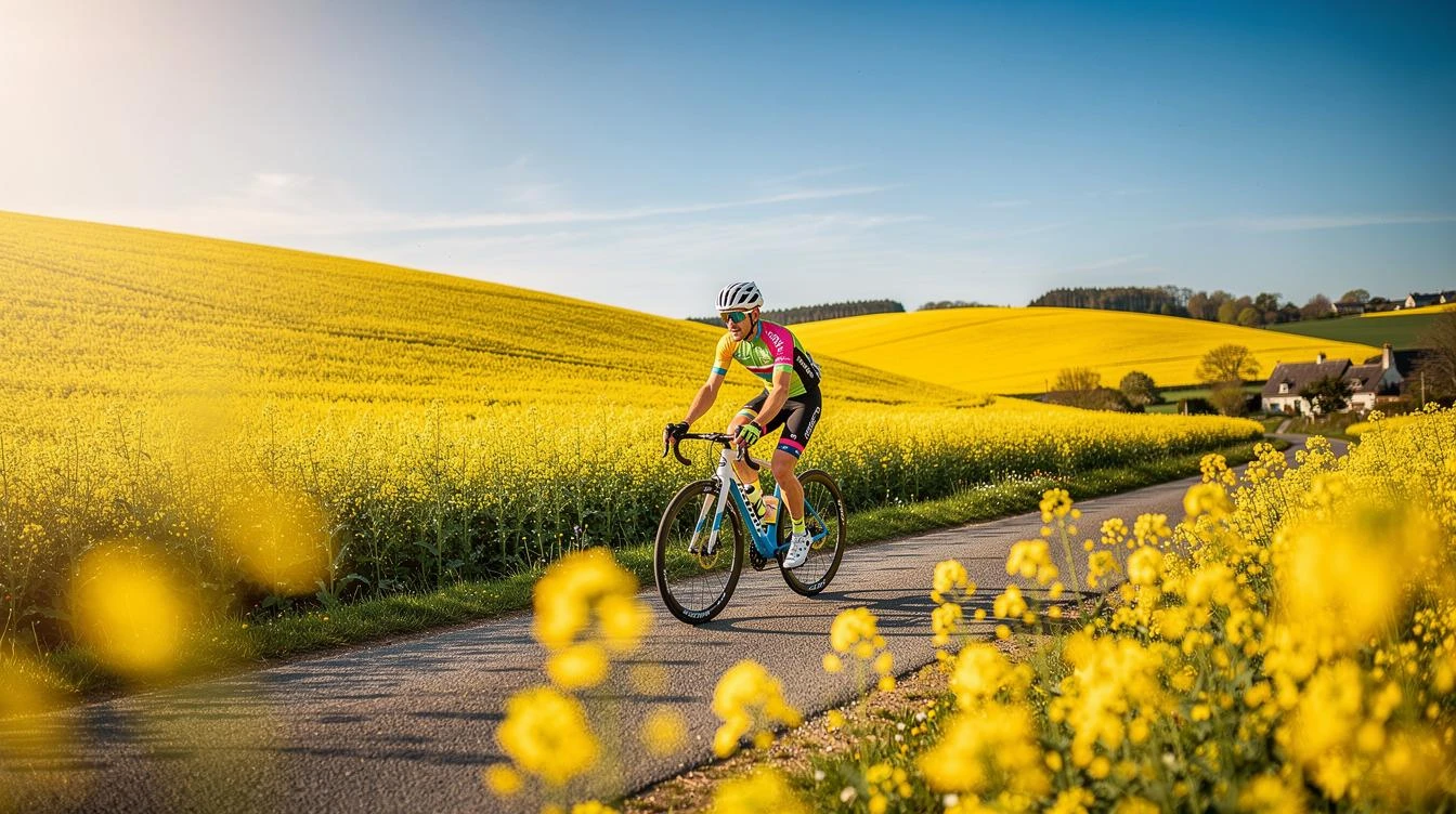 Cycliste pédalant tranquillement sur une voie verte fleurie au printemps, traversant des bocages normands sous un ciel clair