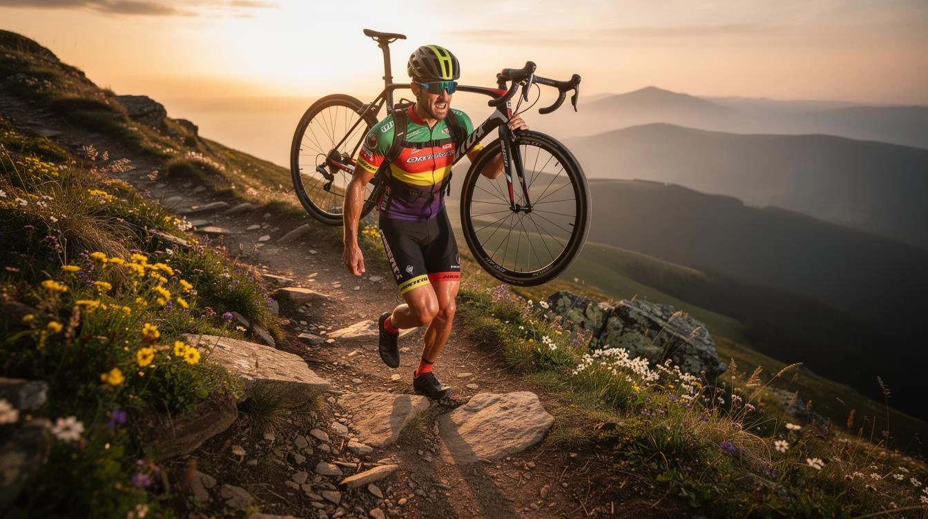 Cycliste en tenue de route gravissant une pente raide au printemps, entouré de verdure et de montagnes, pour affûter sa silhouette