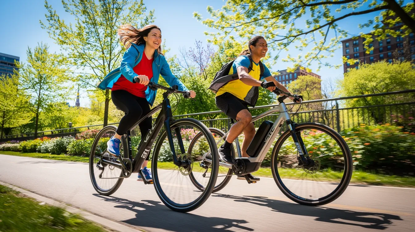 Cyclistes testant un VTC et un vélo électrique sur route urbaine printanière avec arbres en fleurs et trafic léger