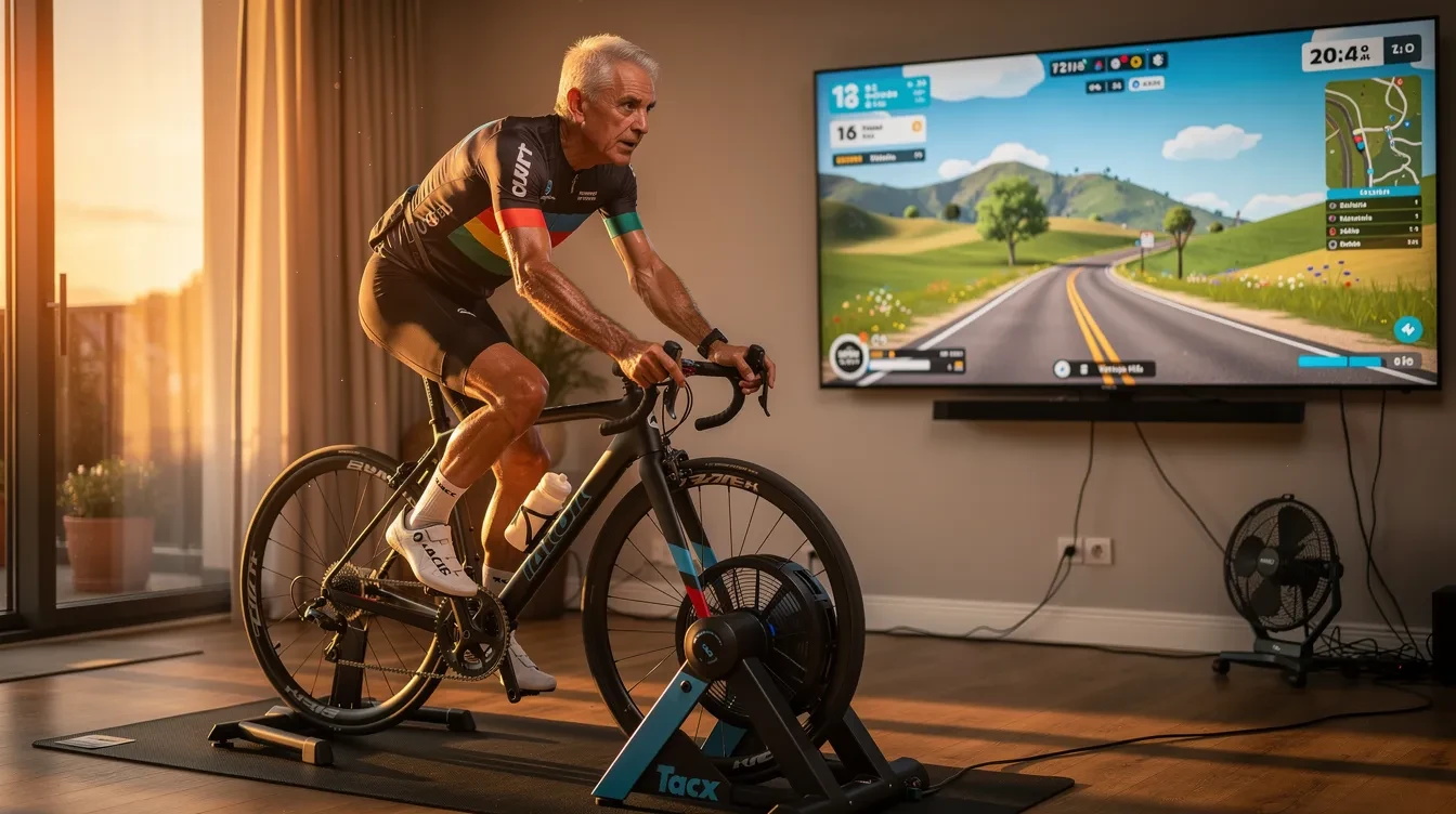 Cycliste âgé de plus de 60 ans pédalant sur home-trainer en simulation Zwift, traversant des collines vertes de Watopia Hills sous un ciel bleu clair
