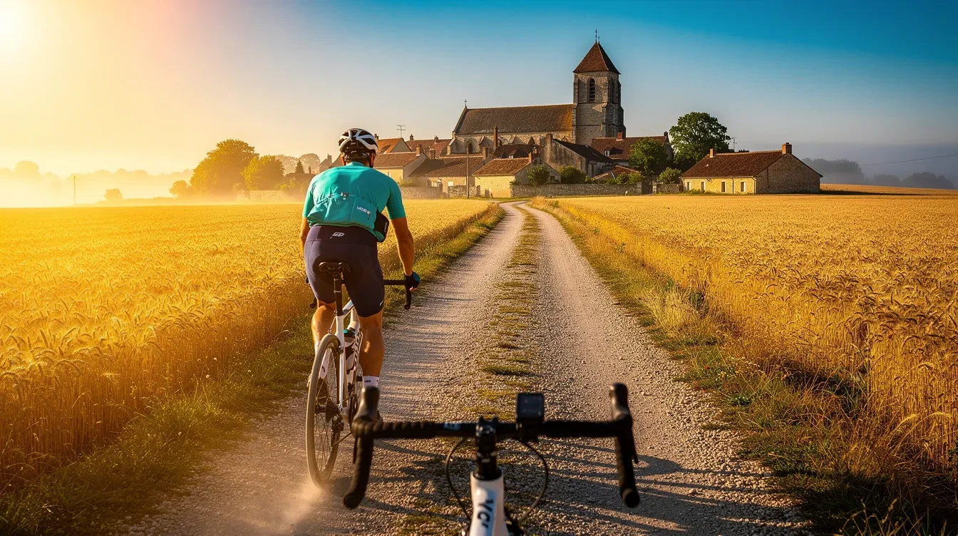 Cycliste sur vélo de route empruntant un chemin agricole bordé de colza par une journée printanière ensoleillée