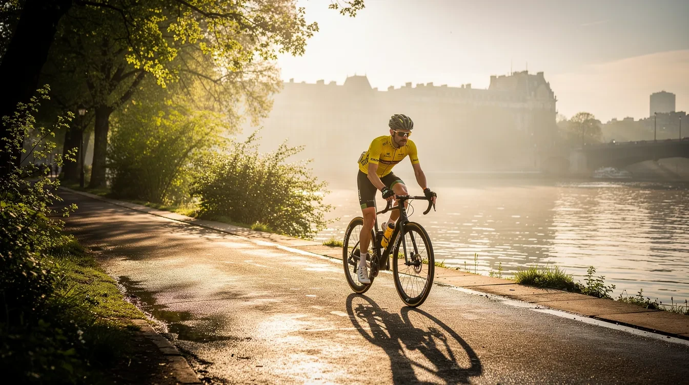 Cycliste sur vélo de route suivant la boucle de 40 km le long de la vallée de la Seine par une matinée printanière