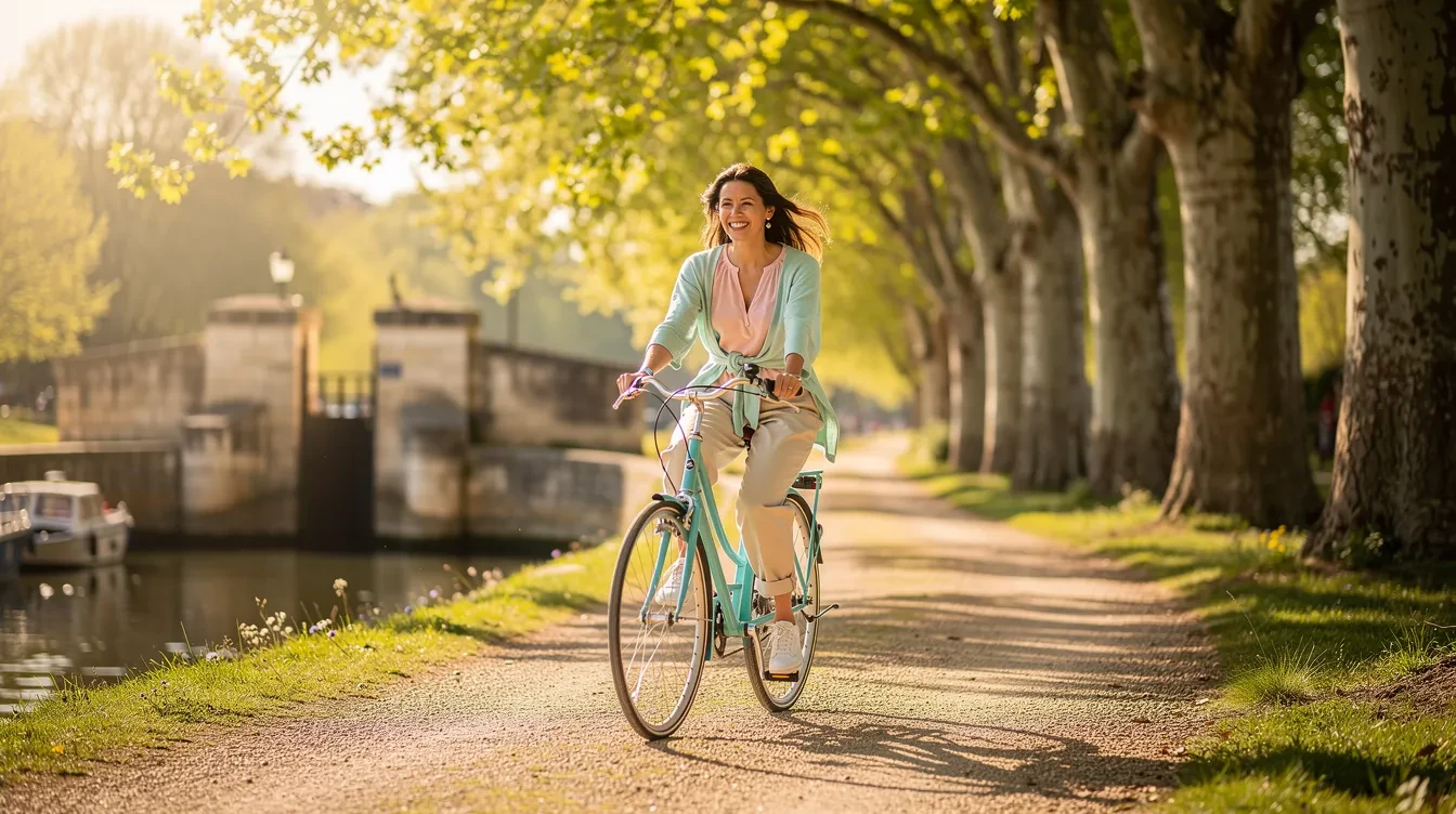 Cyclistes débutants roulant sur une piste cyclable plate bordée d'arbres le long d'un canal avec écluses en arrière-plan