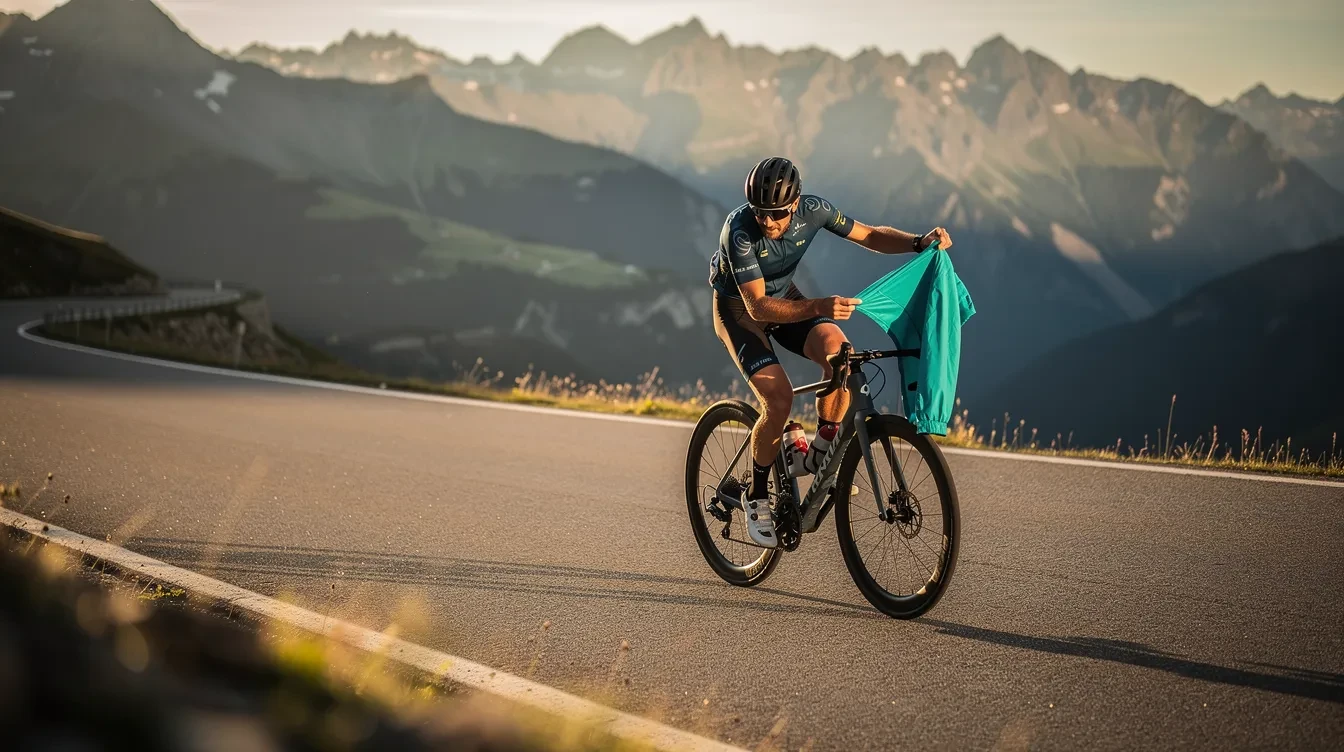 Cycliste en maillot manches courtes extrayant une couche légère de sa poche arrière sur route de col