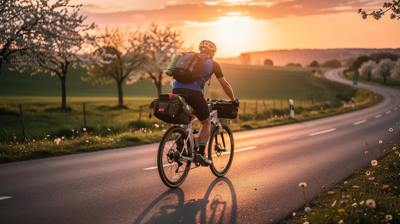 Cycliste avec sacoches sur vélo de route avançant sur une piste cyclable bordée d'arbres verts en soirée de mai