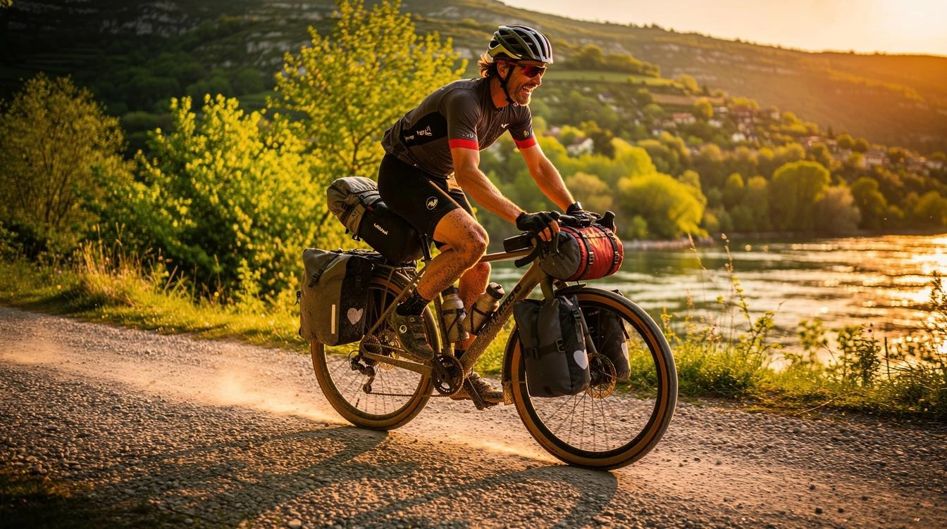 Cycliste sur VTT chargé de sacoches minimales roulant le long du Rhône sur la ViaRhôna, paysage fluvial verdoyant en arrière-plan