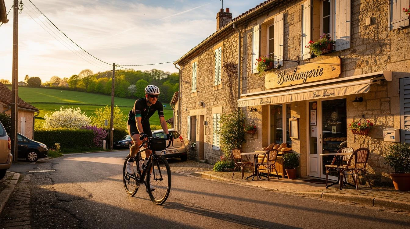 Cycliste pédalant sur une voie verte balisée traversant un paysage rural français avec villages et rivières au printemps