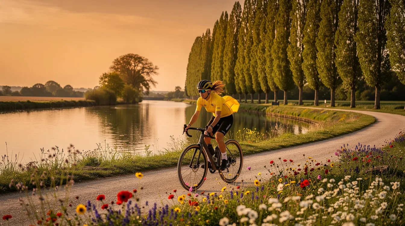 Cycliste pédalant sur un chemin de halage au bord d'un canal navigable en France, avec reflets sur l'eau et maisons traditionnelles en arrière-plan