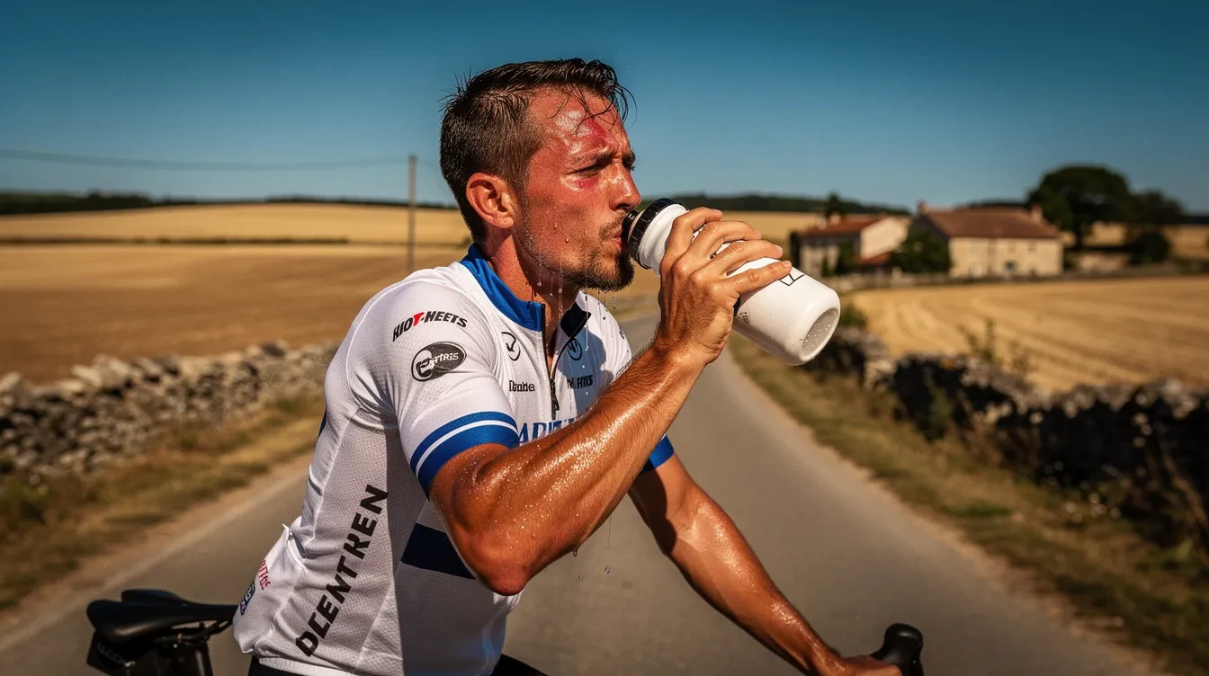 Cycliste sur vélo de route buvant de l'eau pendant une sortie longue par 30 degrés en mai