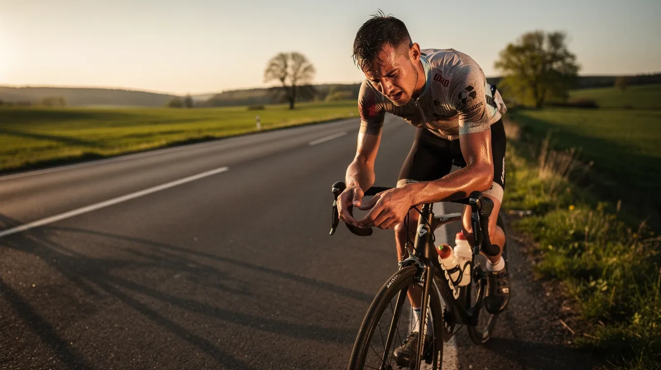 Cycliste sur vélo de route, visage marqué par la fatigue, pédalant sur une route de campagne au printemps après 40 km d'effort en endurance
