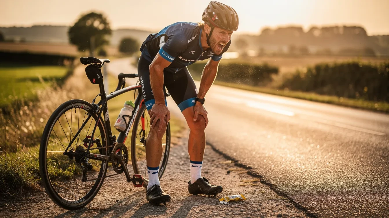 Cycliste sur vélo de route s'arrêtant au bord de la route en raison d'une fringale soudaine