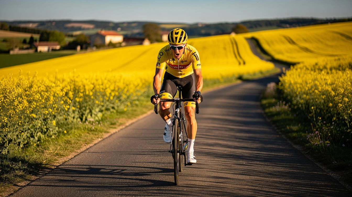 Cycliste sur vélo gravel traversant un champ de colza jaune vif dans le Roannais, sous un ciel printanier ensoleillé avec routes sinueuses en arrière-plan