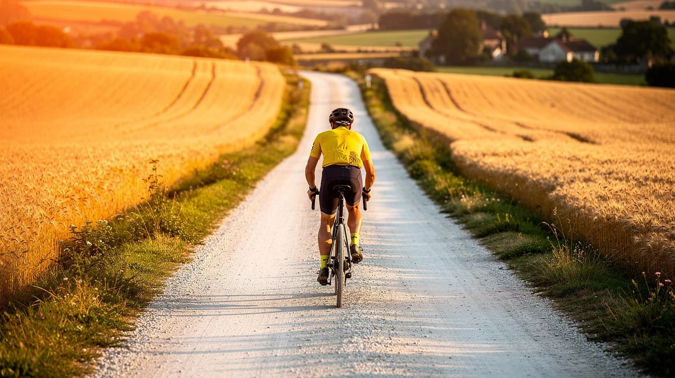 Cycliste sur vélo gravel roulant sur une route blanche sinueuse en Auvergne, entouré de paysages lacustres et volcans sous un ciel clair de mai