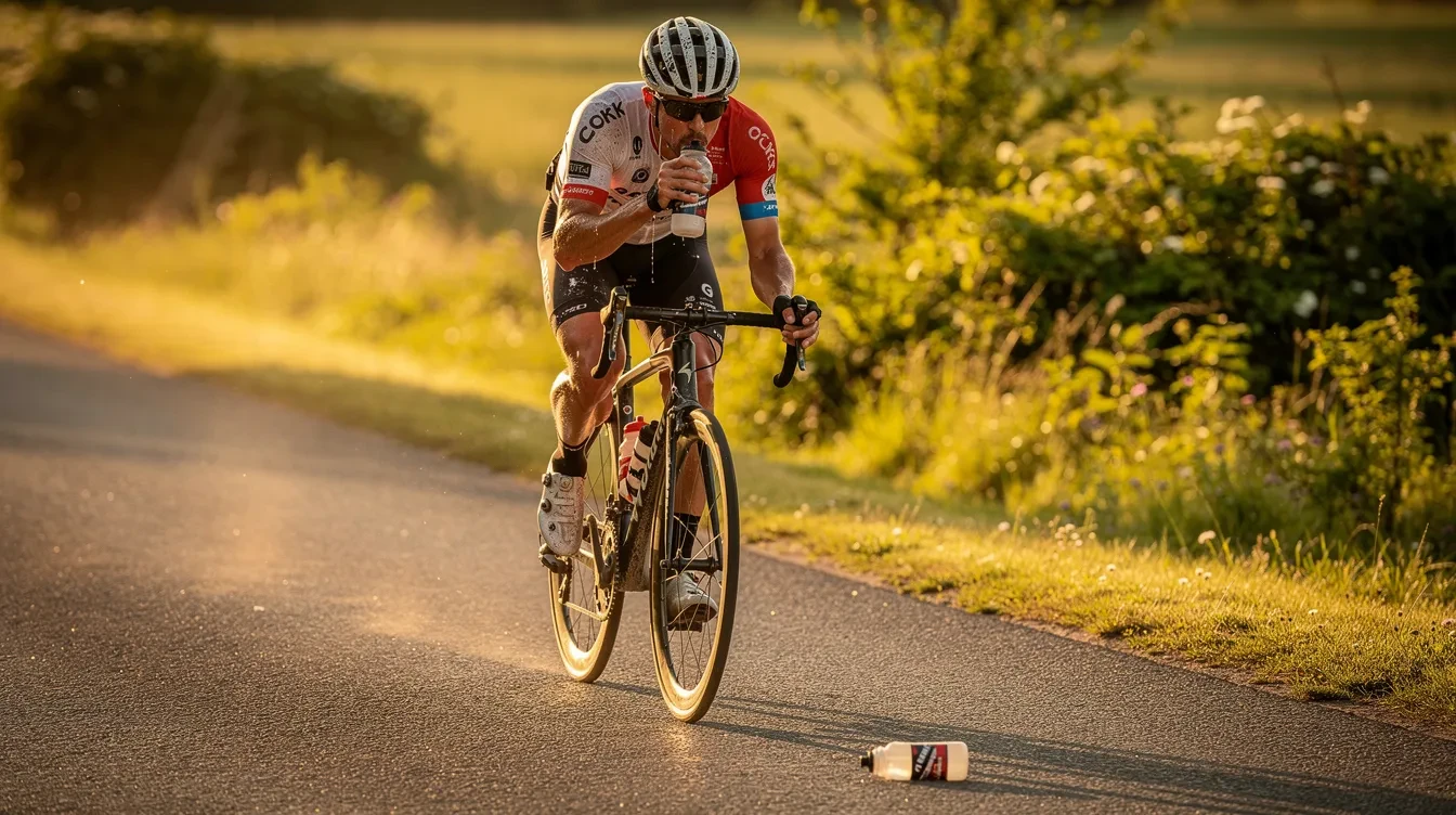 Cycliste sur vélo de route s'hydratant avec un bidon toutes les quinze minutes par 22 degrés