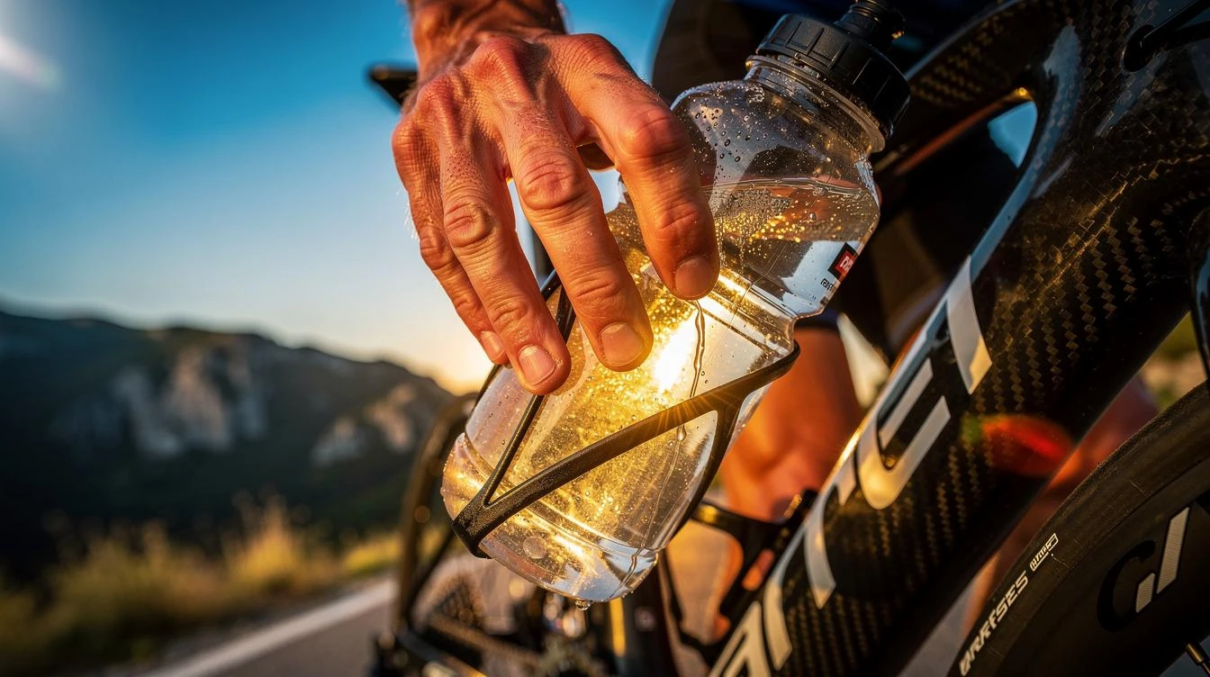 Cycliste sur vélo de route s'hydratant avec une bouteille d'eau au sommet d'un col ensoleillé, entouré de paysages vallonnés en mai