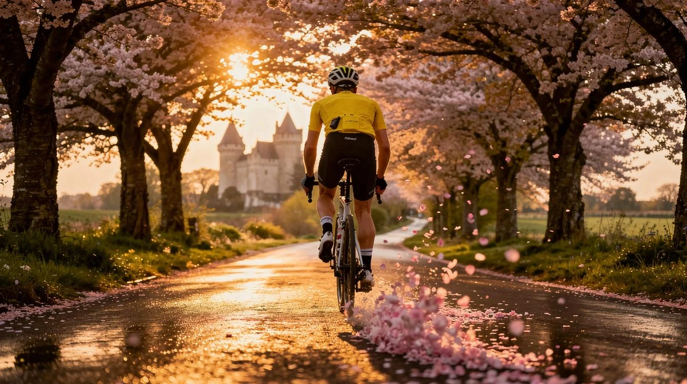Cycliste pédalant tranquillement sur voie verte le long de la Loire, avec cerisiers en pleine floraison printanière et châteaux au loin
