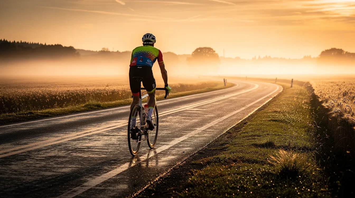 Cycliste sur vélo de route au lever du soleil sur une petite route de campagne avec champs dorés et lumière rasante