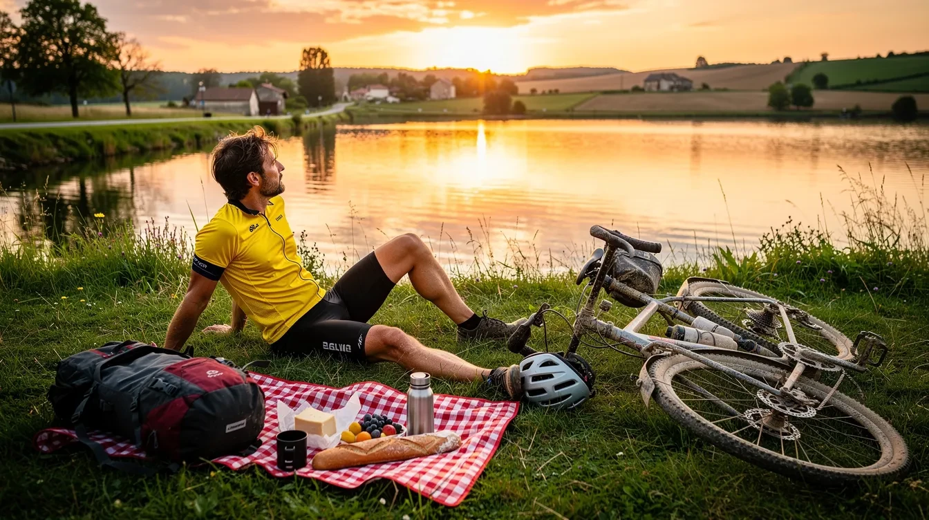 Cycliste sur vélo de randonnée posant sa bicyclette dans l'herbe près d'un étang pour un pique-nique en mai