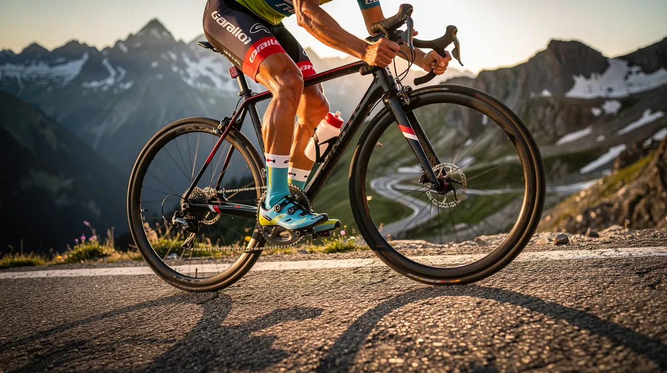 Cycliste pédalant à cadence modérée sur une route ensoleillée de mai, illustrant une reprise prudente pour protéger les tendons et éviter les blessures