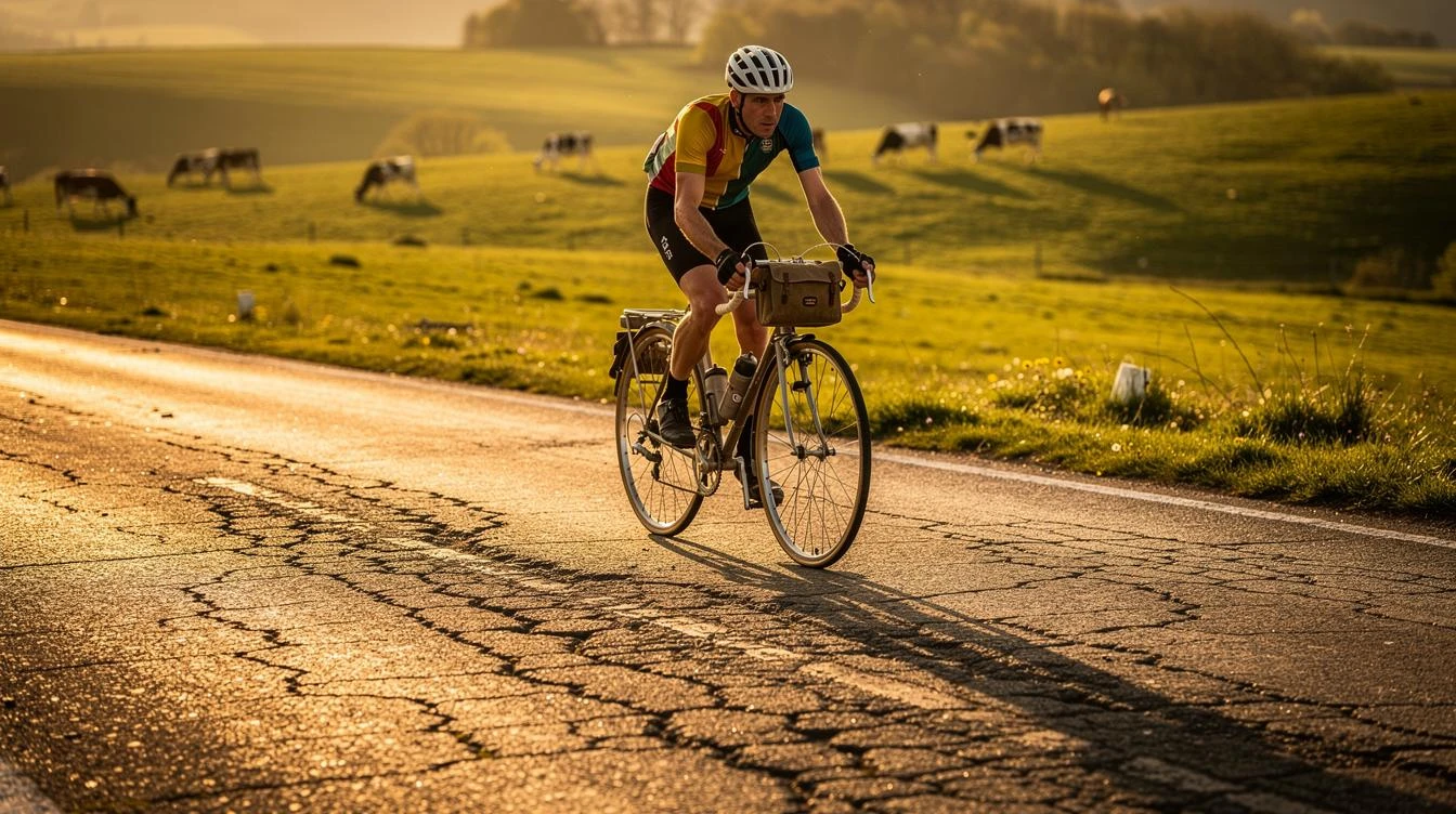 Cycliste sur vélo de route traversant une route de campagne sinueuse dans le plateau de Millevaches en Creuse, avec paysages ruraux verdoyants et collines au loin