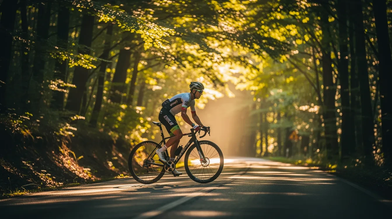 Cycliste en vélo de route roulant sur une départementale ombragée par une dense canopée forestière par forte chaleur