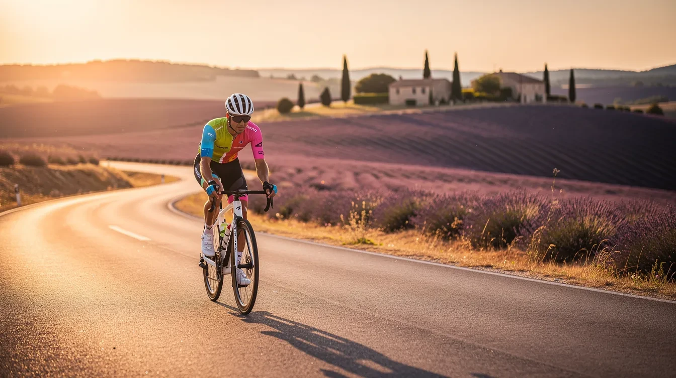 Cycliste sur vélo de route empruntant une route secondaire paisible traversant le Luberon sans circulation