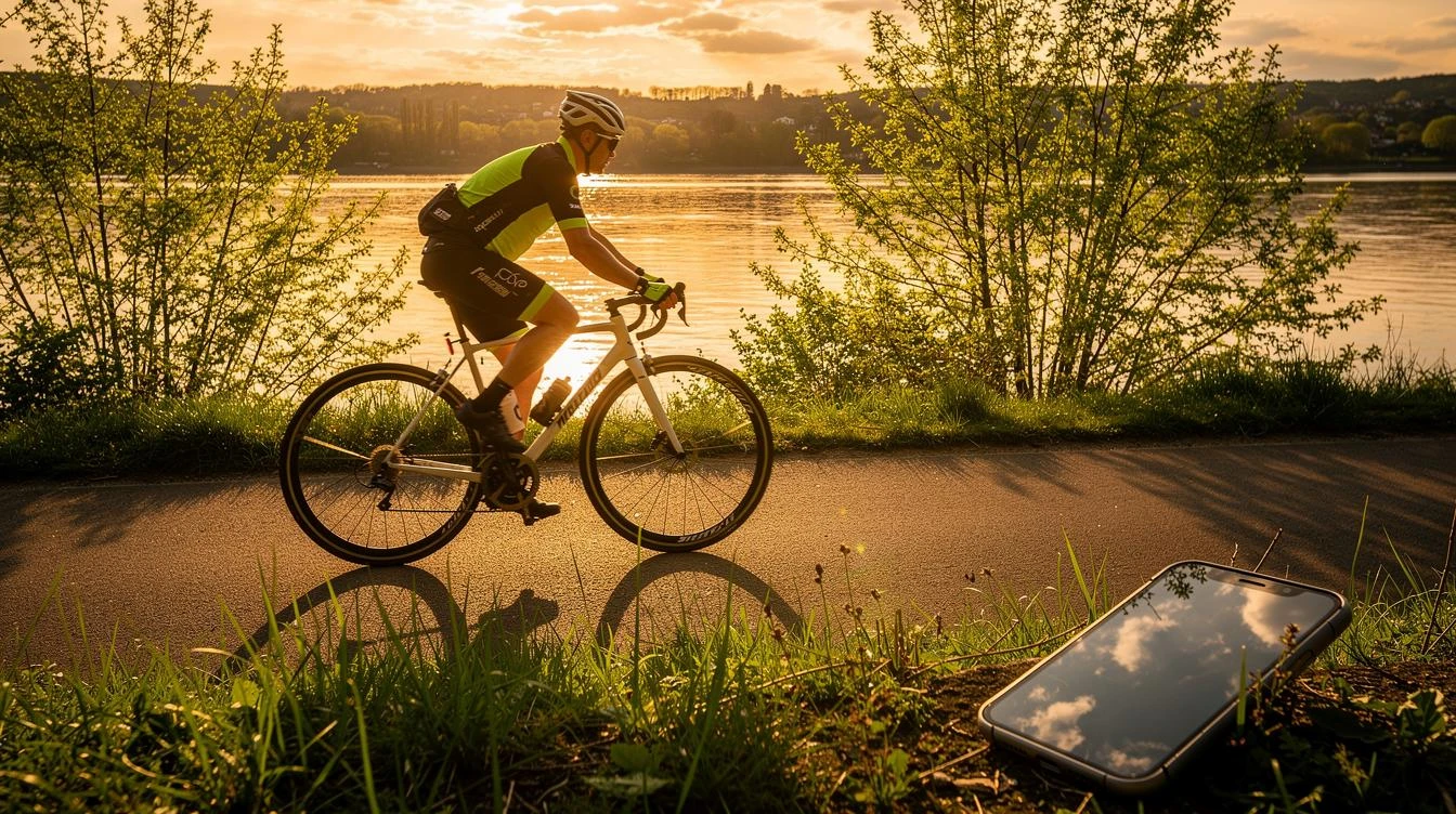Cycliste sur vélo de gravel roulant sur voie verte au bord de la rivière Moselle, paysage verdoyant avec peupliers et villages pittoresques en arrière-plan