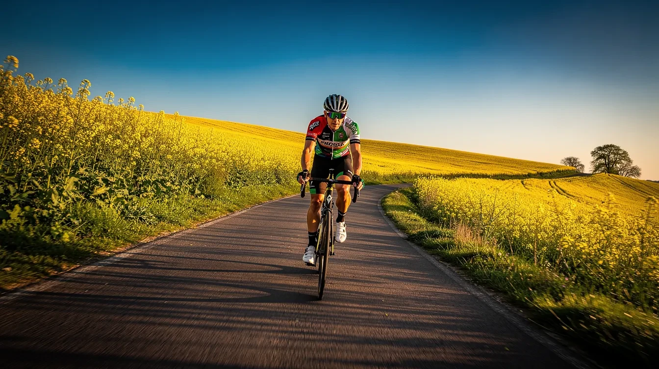 Cycliste pédalant sur une véloroute française au printemps, entouré de champs fleuris, forêts écloses et lumière douce, sans foule estivale