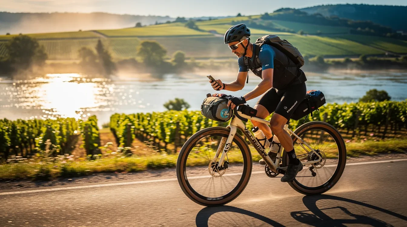 Cycliste sur vélo de route pédalant sur la voie verte de la ViaRhôna, vignes Côtes du Rhône de chaque côté, fleuve Rhône scintillant sous un ciel nuageux printanier