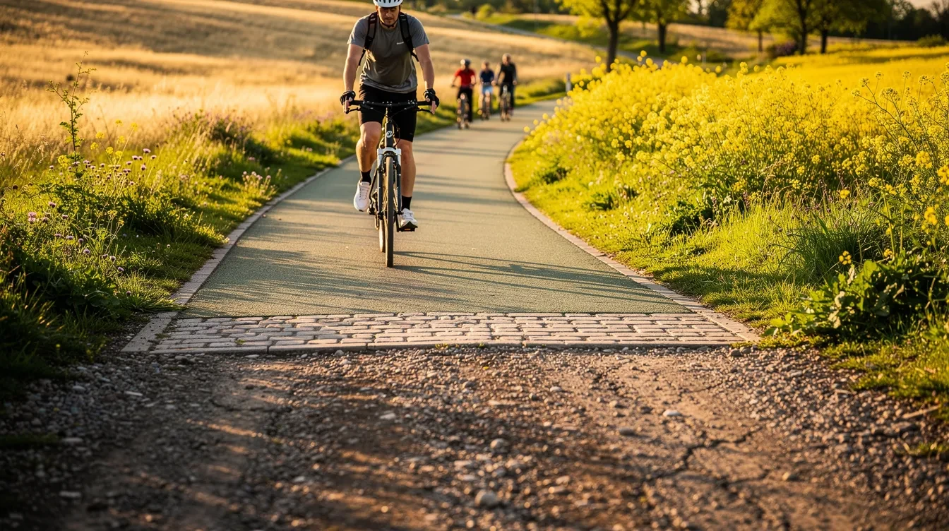 Cyclistes en famille roulant paisiblement sur une voie verte sans aucune circulation automobile