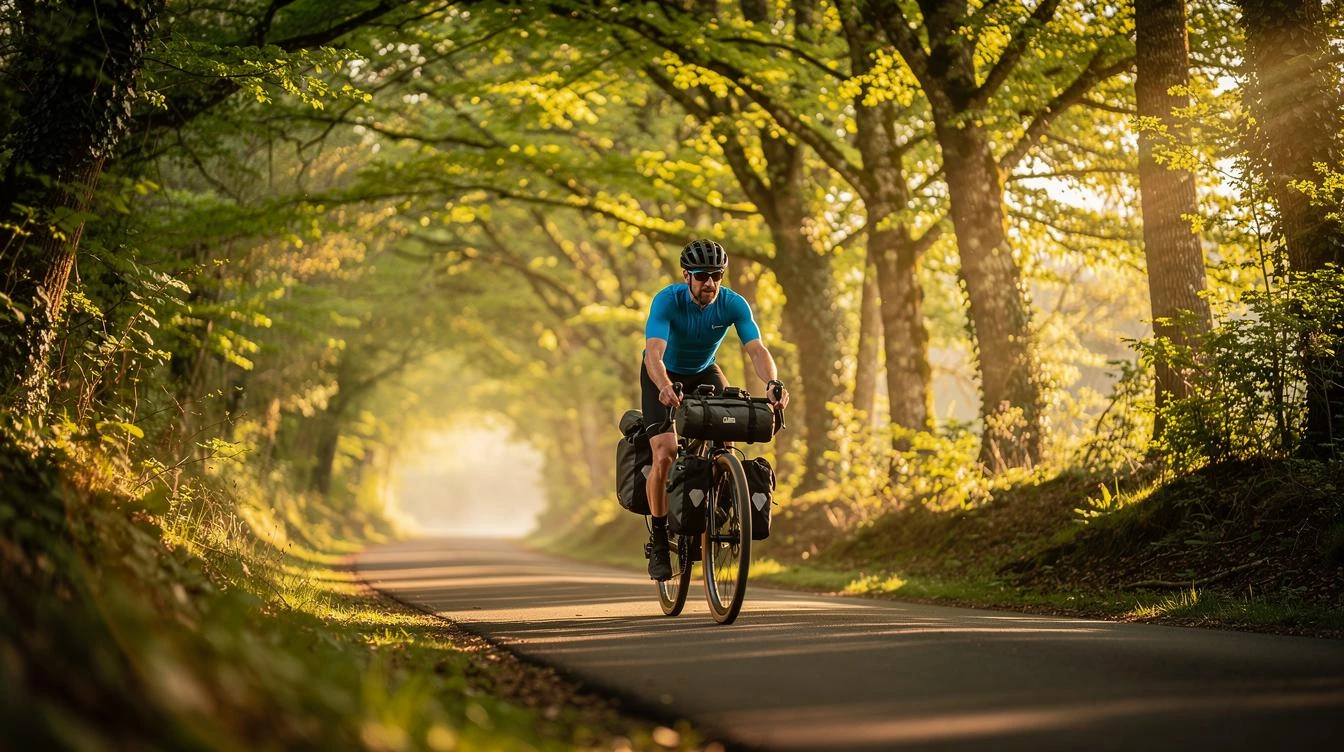 Cycliste en bikepacking roulant sur l'ancienne ferrée reconvertie de PassaPaïs, entouré de forêts et rivières dans le Parc naturel régional du Haut-Languedoc