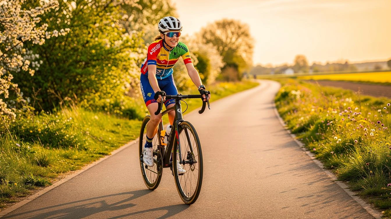 Cycliste sur vélo de route roulant sur une voie verte plate et aménagée en mai, entouré de paysages fleuris et verts en France