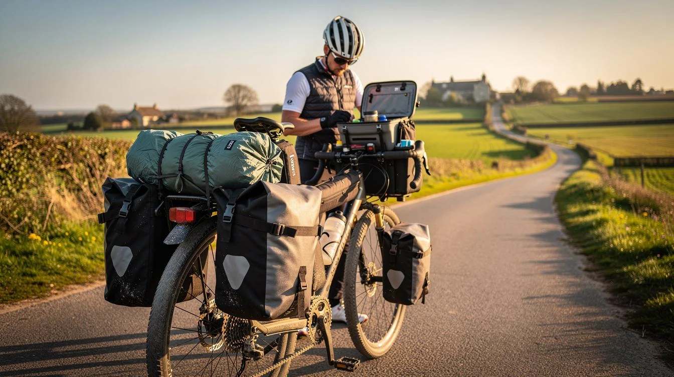 Cycliste avec sacoches avant et arrière sur vélo de route roulant sur une piste cyclable plate au printemps, vérifiant l'équilibre